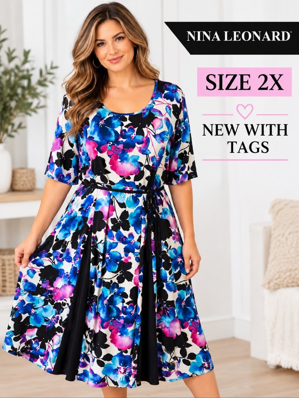 Nina Leonard 2X Floral Fit & Flare Midi Dress NWT